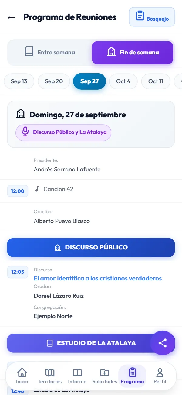 Pantalla de Reunión del fin de semana en Mycongre